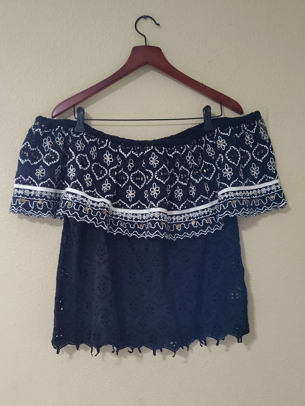 Hemant & Nandita Cotton Mavra Sequin Eyelet Embroidered Off Shoulder Top XL